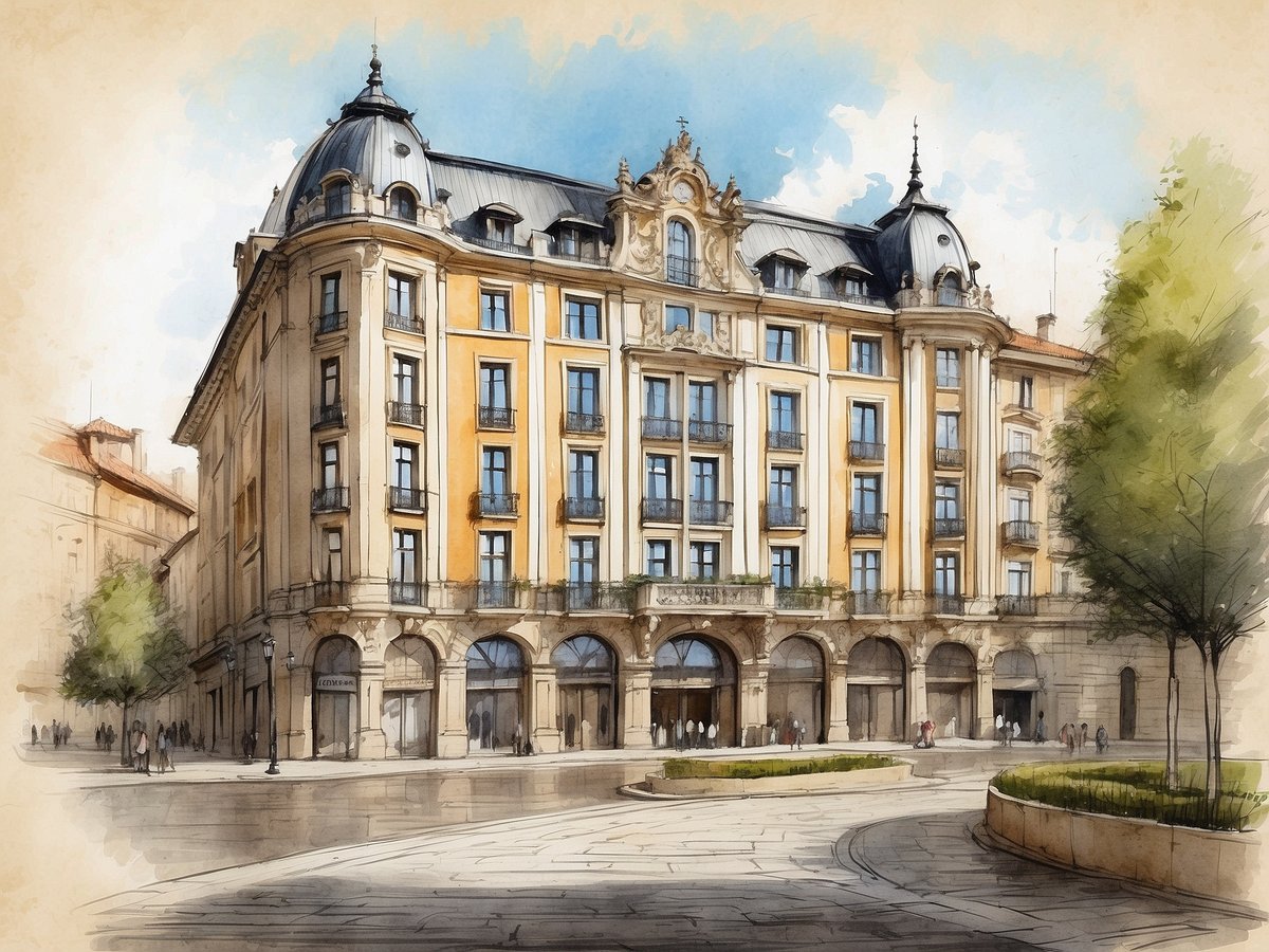 Das Bild zeigt das NH Hotels Canciller Ayala Vitoria in Spanien, ein historisches Gebäude mit einer eleganten Fassade. Die Architektur ist durch große Fenster und einen detailreichen oberen Bereich geprägt. Um das Gebäude herum sind mehrere Bäume sowie Fußgänger zu sehen, die die Straßen des Stadtzentrums beleben. Der Himmel ist klar und blau, was eine einladende Atmosphäre schafft. Die Szenerie vermittelt den Charme und die Schönheit der Umgebung.