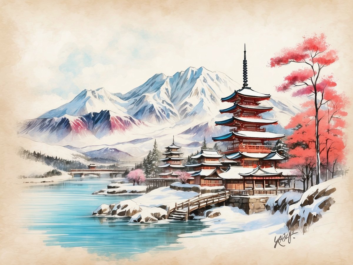 Eine malerische Winterlandschaft in Japan mit schneebedeckten Bergen im Hintergrund und einer ruhigen blauen Wasseroberfläche. Im Vordergrund steht eine traditionelle japanische Pagode, umgeben von schneebedeckten Bäumen und pink blühenden Pflanzen. Eine Holzbrücke verbindet das Ufer mit der Pagode, während die sanften Farben und die ruhige Atmosphäre eine friedliche Stimmung erzeugen. Ideal für einen Reiseführer über Snowboarden in Japan, der die natürliche Schönheit und die kulturellen Highlights des Landes hervorhebt.