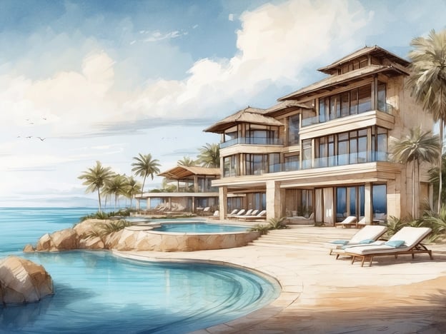 Auf dem Bild ist eine luxuriöse Villa am Meer zu sehen. Die Architektur ist modern und offen, mit großen Fenstern, die einen tollen Blick auf das Wasser bieten. Die Unterkunft verfügt über mehrere Etagen und ist von Palmen umgeben, die eine tropische Atmosphäre schaffen.

In der Ausstattung sind gemütliche Liegen am Poolbereich erkennbar, die zum Entspannen einladen. Der Außenbereich bietet einen schönen Pool, der direkt mit dem Meer verbunden zu sein scheint. Die gesamte Umgebung vermittelt ein Gefühl von Ruhe und Exklusivität, perfekt für einen erholsamen Urlaub.