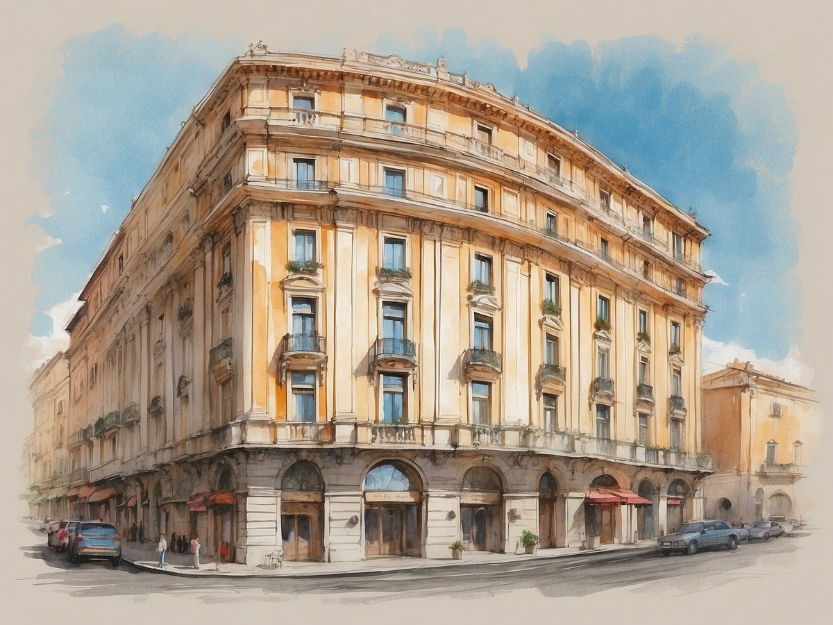 Das Bild zeigt die elegante Fassade des NH Hotels Catania Centro in Italien. Das Gebäude hat eine geschwungene Form mit hellgelber Putzfassade und großen Fenstern, die mit dekorativen Balkonen versehen sind. Vor dem Hotel befinden sich einige geparkte Autos und Passanten, die die Straße entlanggehen. Der Himmel ist klar und blau, was eine einladende Atmosphäre schafft. Die arkadenartigen Durchgänge im Erdgeschoss verleihen dem Gebäude einen klassischen Charme.