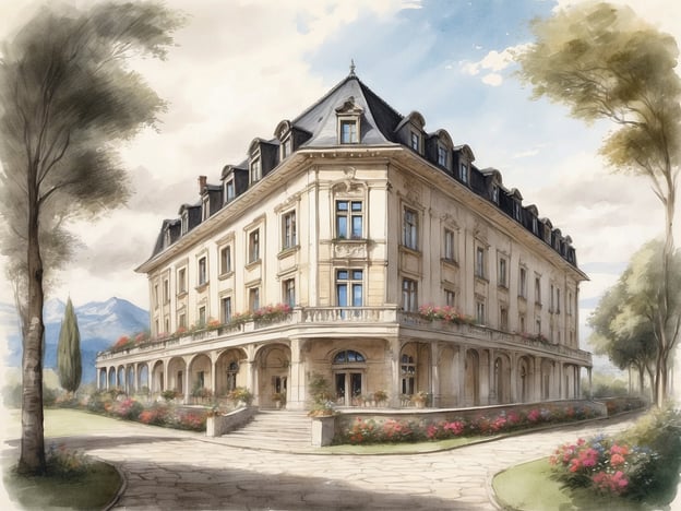 Auf dem Bild ist ein elegantes Gebäude zu sehen, das vermutlich ein Hotel oder eine Gästeunterkunft darstellt. Es hat eine beeindruckende Architektur mit großen Fenstern und einem geschmackvoll gestalteten Balkon, der von Blumen geschmückt ist. Um das Gebäude herum gibt es eine weitläufige Gartenlandschaft mit gepflegten Wegen und bunten Blumenbeeten. 

Die Annehmlichkeiten könnten eine Terrasse mit Sitzmöglichkeiten, einen großzügigen Empfangsbereich und möglicherweise luxuriöse Zimmer bieten, die einen schönen Blick auf die umliegende Landschaft ermöglichen. Die Umgebung wirkt einladend und ruhig, ideal für entspannende Aufenthalte.