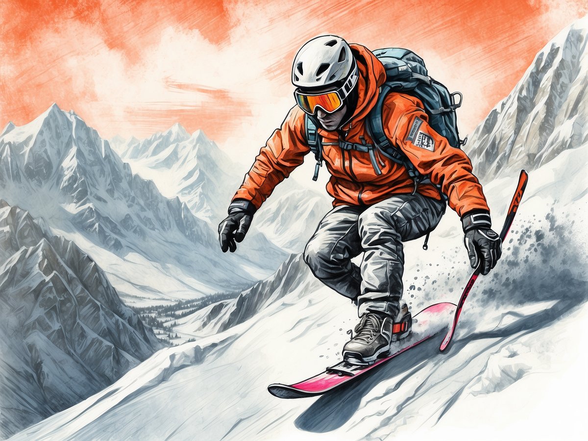 Ein Snowboardfahrer in einem orangefarbenen Anorak fährt durch den verschneiten Berglandschaft. Die hohen, schneebedeckten Gipfel umgeben ihn, während er mit einem dynamischen Schwung den Hang hinunterfährt. Der Himmel hat einen warmen orangefarbenen Farbton, der einen eindrucksvollen Kontrast zur kühlen Winterlandschaft bietet. Die Szene strahlt eine Mischung aus Abenteuer und Freiheit aus, die perfekt zu Snowboard-Dokumentationen und Filmen passt.