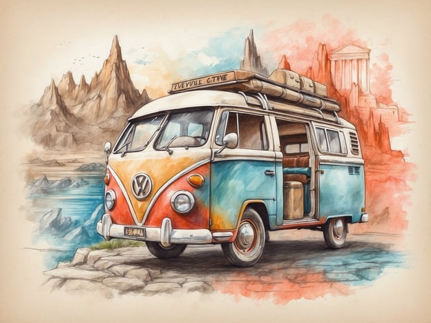 Auf dem Bild ist ein VW-Bus zu sehen, der in einer schönen Landschaft geparkt ist. Die Szene vermittelt Abenteuerlust und Freiheit, ideal für Aktivitäten wie Camping oder Roadtrips. Um den Bus herum gibt es beeindruckende Berge und eine ruhige Wasserstelle, was zu Freizeitaktivitäten wie Wandern oder Schwimmen einlädt. Die sanften Farben und die künstlerische Darstellung schaffen eine einladende Atmosphäre, die zum Entspannen und Erkunden anregt. Der Bus wirkt einladend, um neue Abenteuer mit Freunden oder der Familie zu erleben.