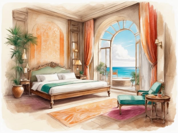 Auf dem Bild ist ein elegantes Schlafzimmer zu sehen, das einen gemütlichen und einladenden Eindruck vermittelt. Es ist hell und freundlich gestaltet, mit großen Fenstern, die einen wundervollen Blick auf das Meer bieten. Der Raum ist mit einer komfortablen Bettenausstattung und stilvollen Möbeln dekoriert. Die warmen Farbtöne und die geschmackvolle Einrichtung schaffen eine entspannende Atmosphäre. Eine kleine Sitzecke mit einem bequemen Sessel und einem Tisch ergänzt den Raum, ideal für eine Tasse Tee oder ein gutes Buch. Es scheint ein perfekter Ort zum Entspannen und Genießen zu sein.