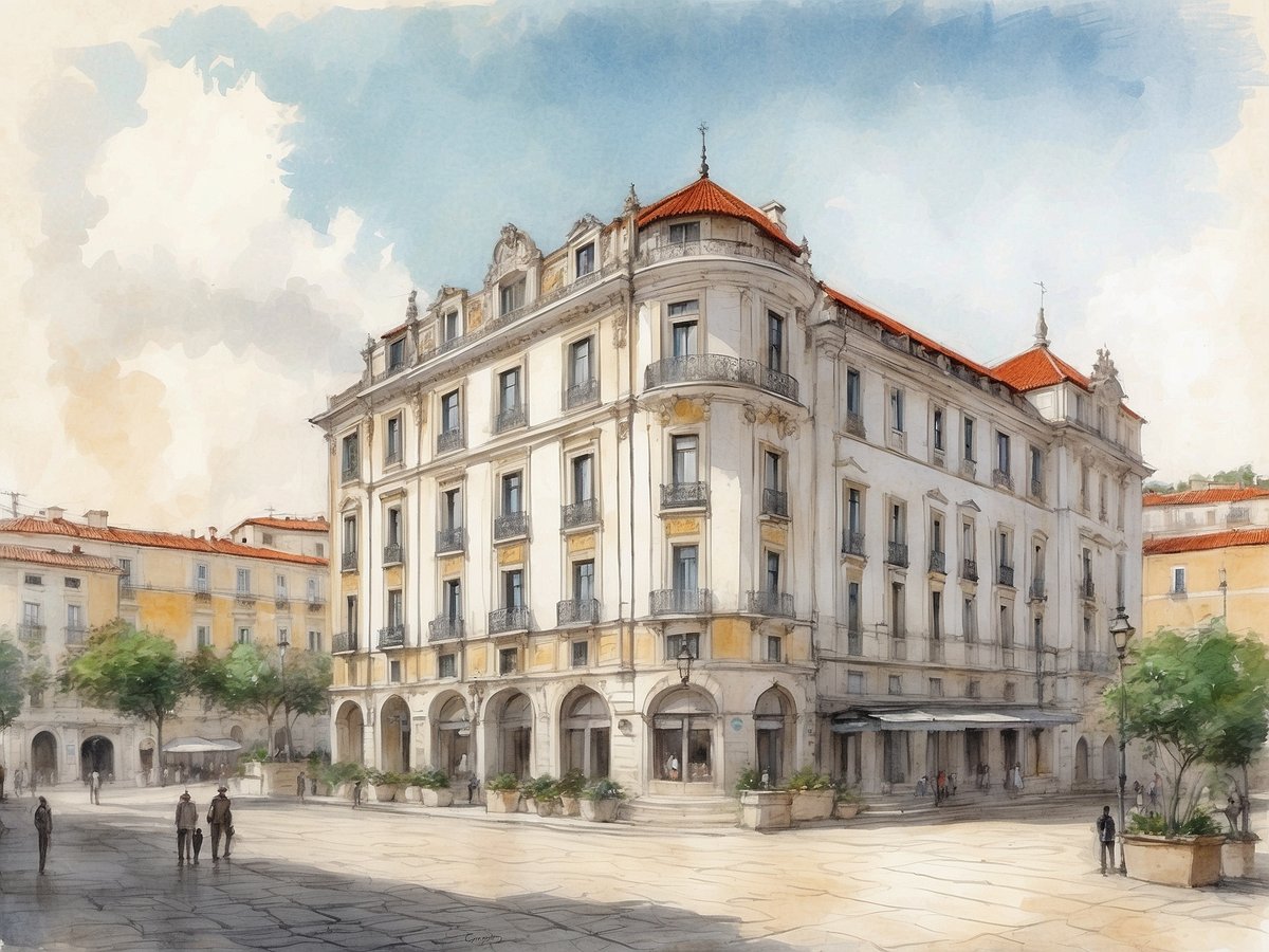 Das Bild zeigt das NH Hotels Coimbra Dona Ines in Portugal, ein elegantes Gebäude mit einer klassizistischen Fassade und roten Ziegeldächern. Die Architektur ist geprägt von großen Fenstern und Balkonen mit schmiedeeisernen Geländern. Um das Hotel herum erstreckt sich ein weitläufiger Platz, auf dem vereinzelt Spaziergänger zu sehen sind. Im Hintergrund erkennt man weitere historische Gebäude und Bäume, die dem Stadtbild eine lebendige Atmosphäre verleihen. Der Himmel ist in sanften, hellen Farbtönen gehalten, was dem gesamten Bild eine einladende Stimmung verleiht.