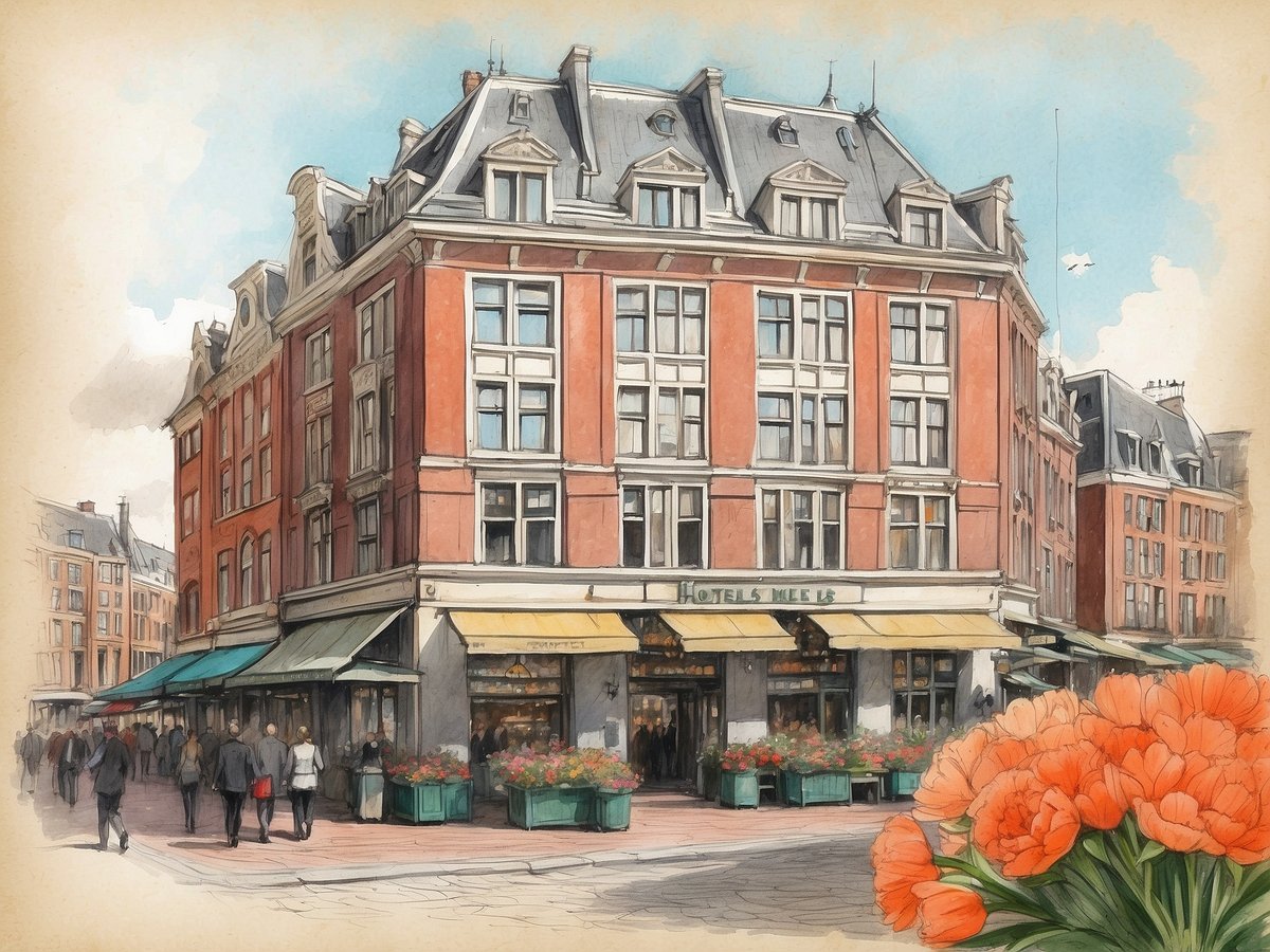 Das Bild zeigt das NH Hotels Collection Amsterdam Flower Market, ein charakteristisches rotes Gebäude mit einem eleganten, historischen Design. Im Vordergrund sind leuchtend orangefarbene Tulpen zu sehen, die in Blumenkästen platziert sind. Vor dem Gebäude flanieren zahlreiche Menschen, was eine lebhafte Atmosphäre vermittelt. Die Fassade des Hotels hat große Fenster und markante Dachdetails, während die umliegenden Straßen hingegen eher verwunschen wirken.