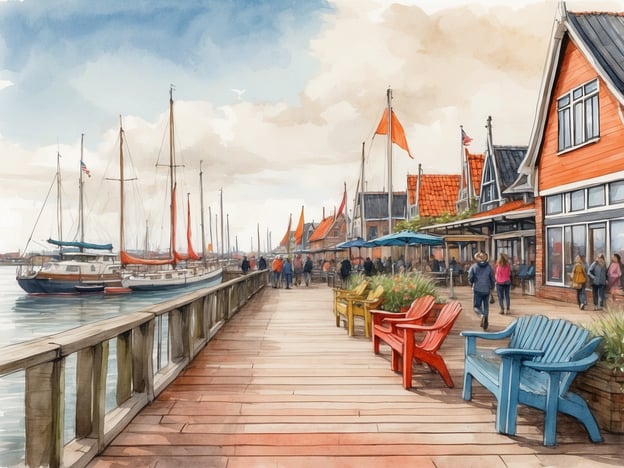 Auf dem Bild ist eine malerische Szene des Marinaparks in Volendam zu sehen. Man erkennt an der Uferpromenade mehrere bunte Gartenstühle, die zum Verweilen einladen. Im Hintergrund sind mehrere Segelboote im Wasser zu sehen, die das maritime Flair unterstreichen. Die Gebäude entlang der Promenade haben typische, niederländische Architektur mit auffälligen Dachfarben und Fenstern. Menschen schlendern entlang des Stegs, was eine lebendige Atmosphäre schafft. Insgesamt vermittelt das Bild den Eindruck eines einladenden, touristischen Ortes am Wasser.