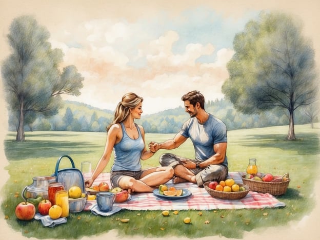 Auf dem Bild ist ein Paar zu sehen, das ein Picknick im Park genießt. Sie sitzen auf einer Decke und umgeben von verschiedenen Lebensmitteln, wie Obst und Getränken. Es scheint eine entspannte und fröhliche Atmosphäre zu sein, perfekt für Freizeitaktivitäten im Freien. Die Szene vermittelt den Eindruck von Gemütlichkeit und Spaß in der Natur.