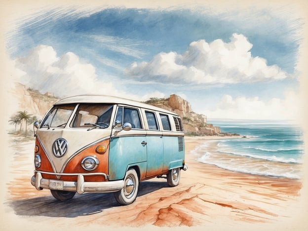 Auf dem Bild ist ein VW-Bus zu sehen, der am Strand parkt. Die malerische Küstenlandschaft mit dem Meer und den Wolken im Hintergrund vermittelt ein Gefühl von Freiheit und Abenteuer. In der Umgebung könnten Sehenswürdigkeiten wie die berühmten Klippen von Etretat in Frankreich oder die Strände von Costa del Sol in Spanien sein, die für ihre natürliche Schönheit bekannt sind. Auch tropische Orte wie die Strände von Bali oder die Küsten von Kalifornien könnten ähnliche Szenarien bieten.