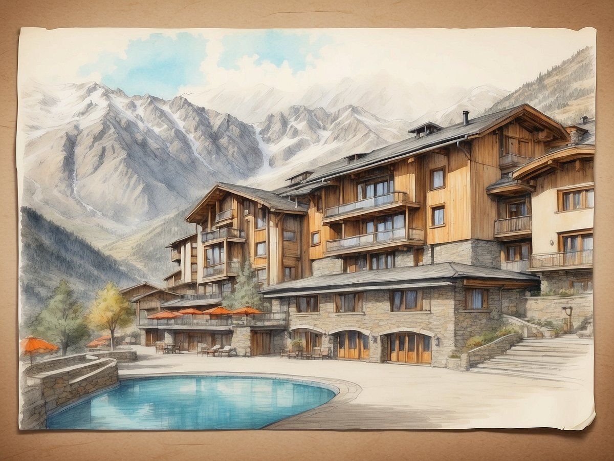 Das Bild zeigt das NH Hotels Collection Andorra Palome, ein elegantes Hotel in einer bergigen Landschaft. Die Fassade des Hotels kombiniert Holz und Stein, was ihm ein rustikales und modernes Aussehen verleiht. Im Vordergrund befindet sich ein Swimmingpool, der von bequemen Liegen umgeben ist. Sonnenschirme in warmen Farben stehen bereit, um den Gästen Schatten zu spenden. Hinter dem Hotel erstrecken sich majestätische Berge, deren Gipfel mit Schnee bedeckt sind. Die Szenerie vermittelt eine ruhige und einladende Atmosphäre.