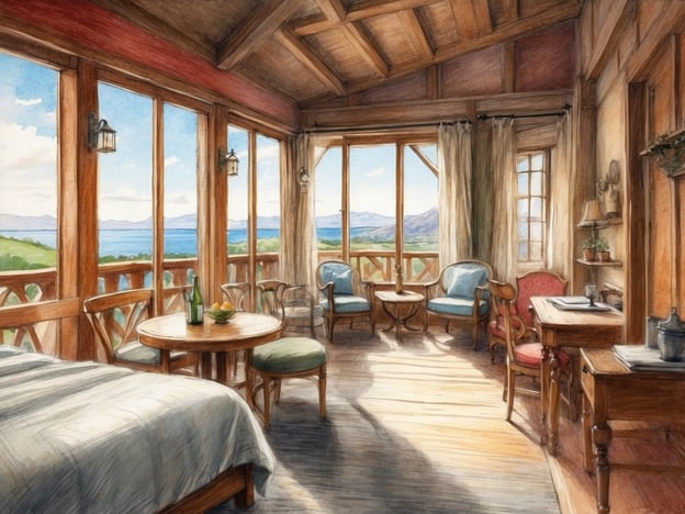 Auf dem Bild ist eine gemütliche Unterkunft zu sehen, die ideal für Entspannung ist. Der Raum verfügt über große Fenster, die einen atemberaubenden Blick auf die Landschaft bieten. Innen gibt es ein bequemes Bett und einen hellen Wohnbereich mit einem Tisch und Stühlen, perfekt für entspannte Stunden mit einem Getränk oder einer kleinen Mahlzeit. Die warmen Holzdetails und die sanfte Beleuchtung schaffen eine einladende Atmosphäre, die zum Verweilen einlädt. Hier könnte man sich wunderbar zurückziehen und die Ruhe genießen.