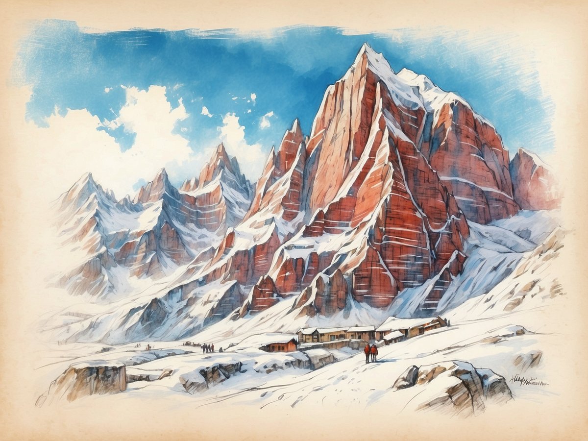 Eine malerische Winterlandschaft mit schneebedeckten Bergen im Hintergrund. Die hohen, roten Felsformationen ragen majestätisch in den blauen Himmel, während sanfte Wolken darüber ziehen. Im Vordergrund sieht man eine schneebedeckte Fläche, auf der einige Personen zu sehen sind, die möglicherweise aus der Ferne zu einer Berghütte gehen. Die Hütte, leicht im Schnee versteckt, wirkt einladend und zeigt, dass hier Aktivitäten im Freien möglich sind. Die gesamte Szene strahlt eine friedliche und winterliche Atmosphäre aus, die ideal für ältere Snowboarder ist.