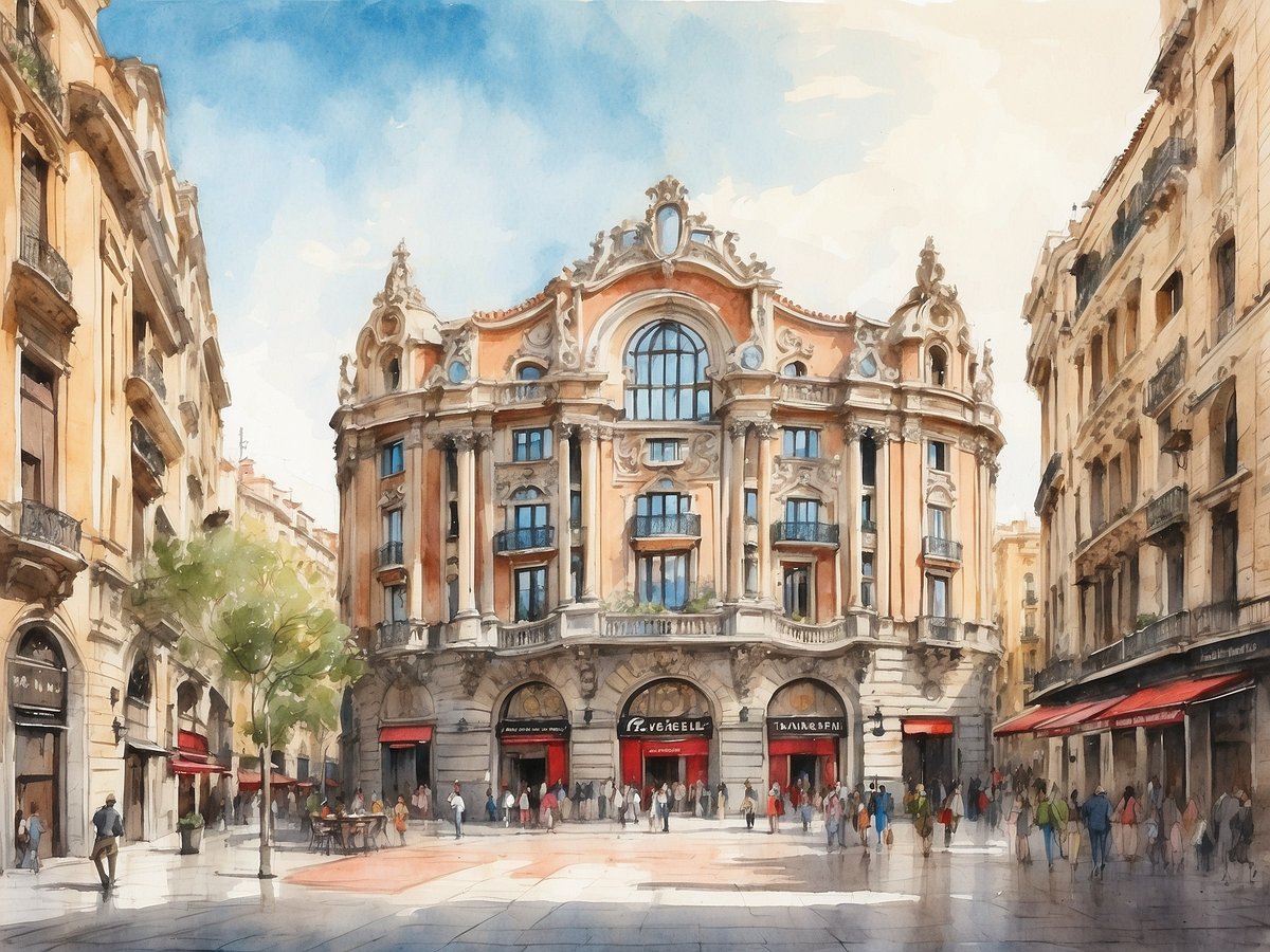 Eine malerische Darstellung des NH Hotels Collection Barcelona Gran Hotel Calderon in Spanien. Die Fassade des Gebäudes ist kunstvoll gestaltet und zeigt eine Mischung aus barocken und modernen Architekturmerkmalen. Rund um das Hotel sind Menschen auf einer belebten Straße zu sehen, die von einer Baumreihe gesäumt wird. Die Atmosphäre ist lebhaft und einladend, mit Sonnenlicht, das auf die Strukturen trifft und eine freundliche Stimmung vermittelt.