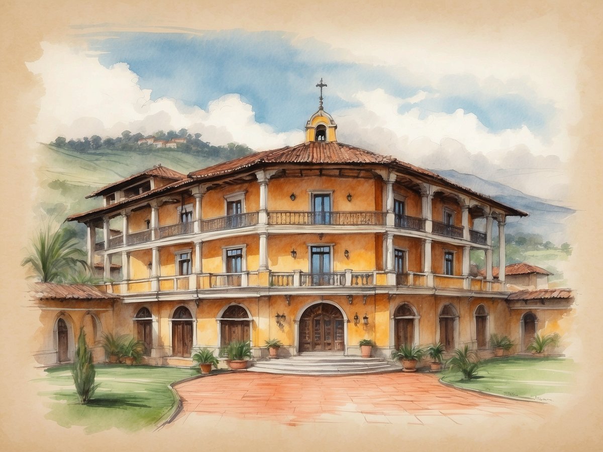 Die Abbildung zeigt das NH Hotels Collection Bogota Hacienda Royal in Kolumbien. Das Hotelgebäude ist in warmen Gelbtönen gehalten und zeichnet sich durch eine elegante Architektur mit mehreren Stockwerken und einem hübschen Satteldach aus. Es verfügt über große Fenster und stilvolle Balkons, die von Säulen gestützt werden. Der Eingangsbereich ist groß mit doppelten Holztüren, flankiert von Pflanzen in dekorativen Töpfen. Der Vorplatz ist mit roten Ziegeln gepflastert und von einem gepflegten Garten umgeben, der das idyllische Ambiente der Naturlandschaft im Hintergrund unterstreicht. Hinter dem Gebäude sind sanfte Hügel und ein klarer Himmel zu sehen.