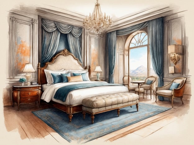 Auf dem Bild ist ein elegantes Schlafzimmer zu sehen, das eine luxuriöse Atmosphäre ausstrahlt. Die Ausstattung umfasst ein großes, gepolstertes Bett mit stilvollen Kissen sowie eine gepolsterte Ottomane am Fußende. An den Fenstern hängen elegante Vorhänge, und ein schöner Kronleuchter hängt von der Decke.

**Service und Annehmlichkeiten:**
- Hochwertige Möbel und Dekorationen schaffen eine luxuriöse Umgebung.
- Zweisitzer und ein kleiner Tisch bieten Platz für Entspannung und private Gespräche.
- Ein großer Fensterblick eröffnet eine malerische Aussicht, was den Aufenthalt noch angenehmer macht.
- Zusätzliche Beleuchtung durch Nachttischlampen und Wandlampen sorgt für eine behagliche Stimmung.

Insgesamt vermittelt der Raum ein Gefühl von Komfort und Stil, ideal für Erholung und Entspannung.