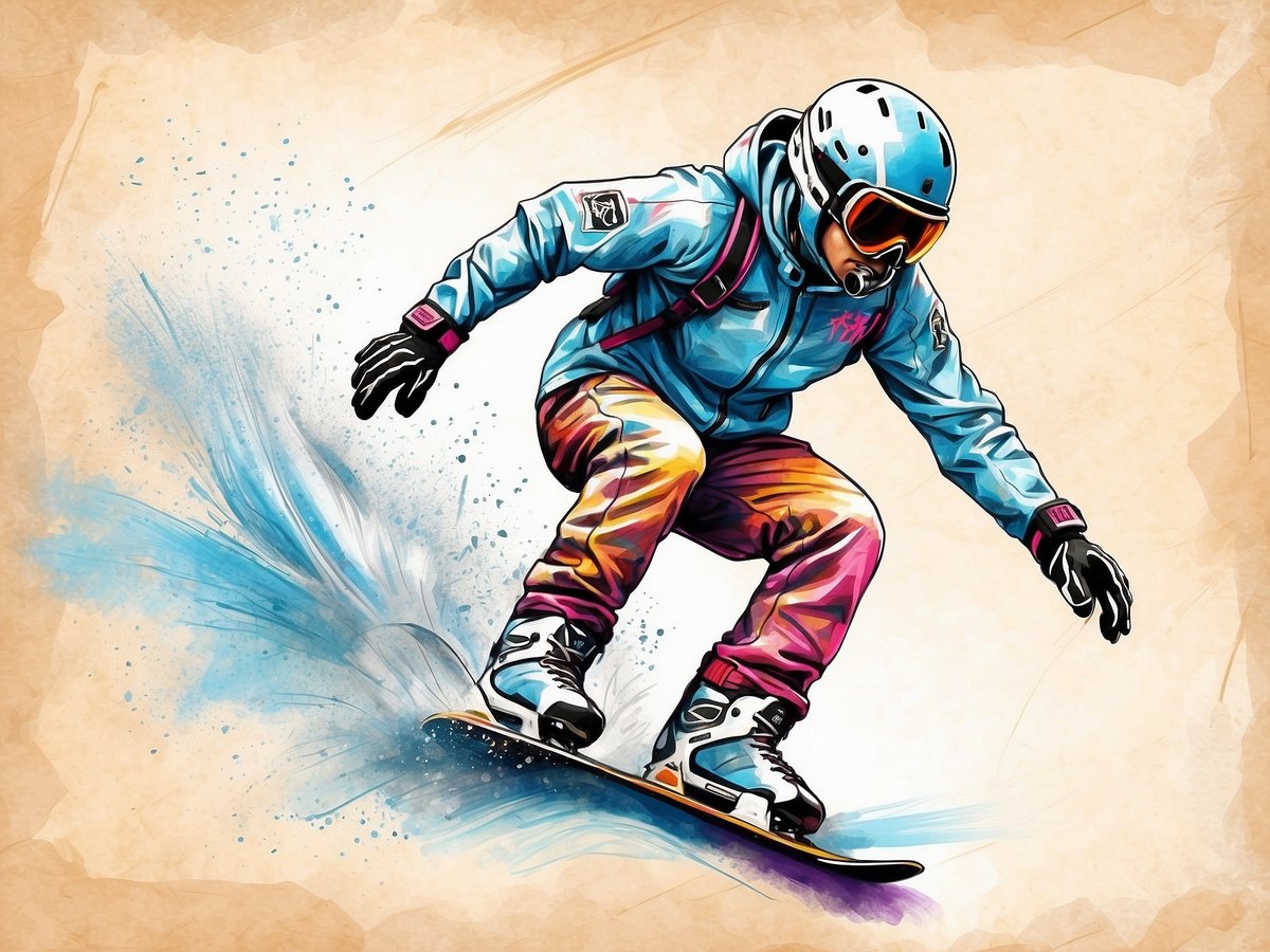 Ein Snowboarder in voller Montur zeigt einen dynamischen Sprung im Training auf der Piste. Die Figur trägt einen blauen Helm und eine farbenfrohe Snowboardjacke sowie -hosen. Der Snowboarder ist mit einer Fahrtechnik beschäftigt, die auf Geschwindigkeit und Kontrolle hinweist. Um ihn herum spritzt Schnee auf, was auf eine kurvenreiche Abfahrt hindeutet. Für effektives Training ist es wichtig, regelmäßig die Balance und den Druck auf das Board zu üben, um die Technik zu verbessern und Stürze zu vermeiden.