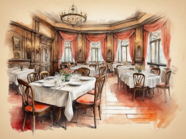 Auf dem Bild ist ein elegant gestaltetes Restaurant zu sehen. Die Einrichtung umfasst mehrere Tische, die mit weißen Tischdecken gedeckt sind. Die Tische sind mit Geschirr und Gläsern vorbereitet, was auf eine gehobene Gastronomie hindeutet. Der Raum hat große Fenster mit Vorhängen, und die Wände sind aus Holz, was eine gemütliche Atmosphäre schafft. Außerdem sind Blumenarrangements auf den Tischen platziert, die das Ambiente zusätzlich auflockern. Die Einrichtung und Dekoration lassen darauf schließen, dass es sich um ein stilvolles Esslokal handelt, das für besondere Anlässe oder romantische Abendessen geeignet ist.