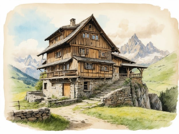 Auf dem Bild ist ein traditionelles, rustikales Haus zu sehen, das an einem malerischen Ort in den Bergen steht. Die Bauweise aus Holz und Stein vermittelt eine historische Atmosphäre. Umgeben von grünen Wiesen und majestätischen Bergen spiegelt es die Schönheit der Natur wider. 

In der Geschichte von Gohrisch wird die enge Verbindung zwischen Mensch und Natur thematisiert. Die Schönheit der Landschaft und die reiche Tradition der Architektur des Hauses könnten das Gefühl widerspiegeln, dass die Menschen dort seit Generationen leben und sich mit ihrer Umgebung identifizieren. Diese Szenerie könnte als Inspirationsquelle für Geschichten über das Leben in der Natur und die Herausforderungen der Bewohner dienen.