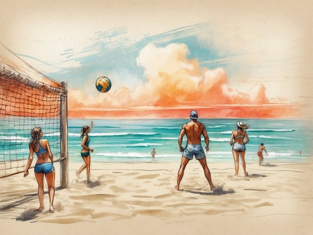 Auf dem Bild sind Menschen zu sehen, die Beachvolleyball spielen. Im Vordergrund sieht man ein Netz und mehrere Spieler, die sich auf dem Sandstrand befinden. Die Atmosphäre wirkt entspannend, mit einem schönen Blick auf das Wasser und den Himmel im Hintergrund. Es scheint ein idealer Tag für Strand- und Wassersportaktivitäten zu sein. Man könnte auch schwimmen oder einfach am Strand entspannen.