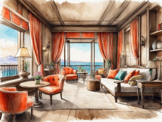 Auf dem Bild ist ein stilvolles Wohnzimmer zu sehen. Es verfügt über große Fenster mit Blick auf das Wasser und die Berge im Hintergrund. Die Einrichtung umfasst eine gemütliche Couch mit bunten Kissen, mehrere orangefarbene Sessel und einen runden Tisch in der Mitte. An einer Wand befindet sich ein Regal mit dekorativen Objekten, und eine Stehlampe sorgt für zusätzliches Licht. Die Vorhänge sind ebenfalls in einem warmen Orange gehalten, was eine einladende Atmosphäre schafft.