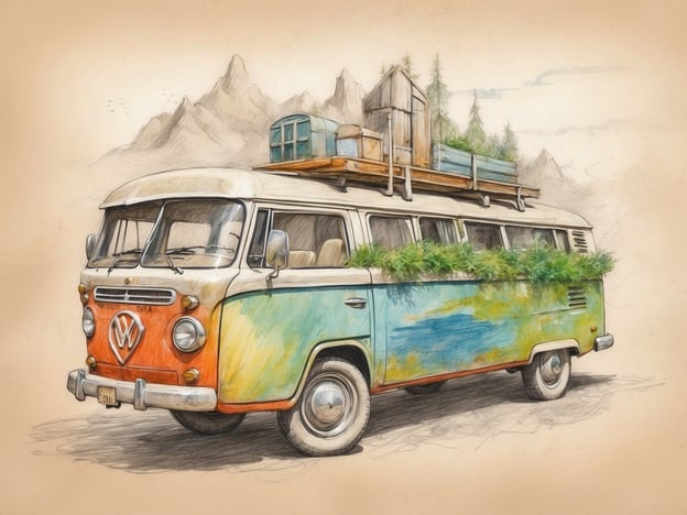 Auf dem Bild ist ein bunt gestalteter VW-Bus zu sehen, der mit Pflanzen und Naturmaterialien dekoriert ist. Dieser Bus könnte als Symbol für nachhaltiges Reisen und Umweltschutz interpretiert werden. 

Die Fülle an Grün, die den Bus umgibt, steht für eine Verbindung zur Natur und die Wichtigkeit, die Umwelt zu achten. Solche Fahrzeuge können auch dazu inspirieren, umweltfreundliche Transportmittel zu nutzen und die Schönheit der Natur zu erkunden, ohne sie zu schädigen. Darüber hinaus könnte das Bild die Idee des Campings oder einer Reise in unberührte Landschaften fördern, was einen bewussten und nachhaltigen Lebensstil unterstützen kann.