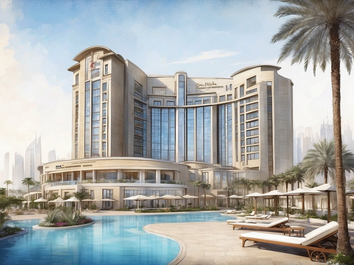 Das Bild zeigt das NH Hotels Collection Dubai La Suite Hotel and Apartments. Es ist ein modernes Hotelgebäude mit einer ansprechenden Fassade aus Glas und Stein, umgeben von tropischen Palmen. Im Vordergrund befindet sich ein großer Swimmingpool mit Sonnenliegen und Schirmen, was eine entspannte Urlaubsatmosphäre schafft. Im Hintergrund sind die markanten Wolkenkratzer von Dubai zu sehen, die den modernen Charakter der Stadt unterstreichen.