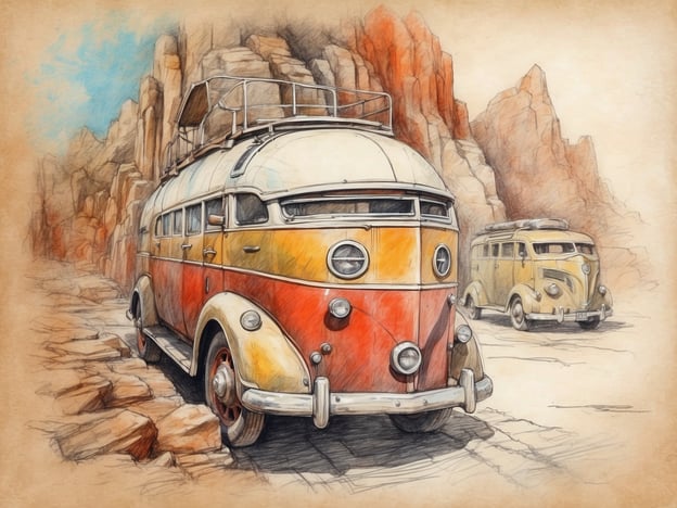 Auf dem Bild sind zwei nostalgische VW-Busse zu sehen, die in einer felsigen, wüstenähnlichen Umgebung stehen. Der vordere Bus hat eine auffällige rot-orange Farbe und scheint ein wenig älter zu sein, während der hintere Bus in einem sanften Gelbton gehalten ist. Die Umgebung besteht aus rauen, schroffen Felsen, die der Szene eine rustikale Atmosphäre verleihen. Es sieht aus, als könnten diese Busse für ein Abenteuer in der Natur oder auf einer Reise durch abgelegene Gebiete stehen. Die Komposition vermittelt ein Gefühl von Freiheit und Nostalgie.