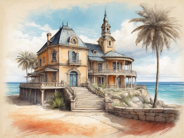 Auf dem Bild ist eine elegante Villa an einem Küstenstandort zu sehen, umgeben von Palmen und in der Nähe des Meeres. Die Architektur erinnert an historische Seebäder. In der Umgebung könnte es Sehenswürdigkeiten wie den Strand, malerische Promenaden oder historische Leuchttürme geben, die typisch für Küstenregionen sind. Möglicherweise ist auch eine maritime Atmosphäre mit Aktivitäten wie Bootfahren oder Angeln präsent.