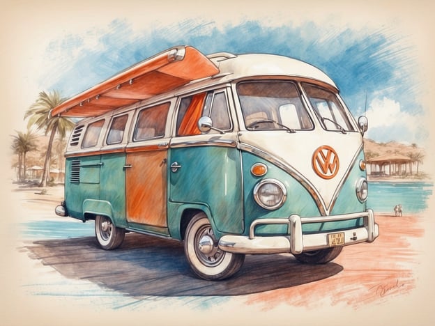 Auf dem Bild ist ein Volkswagen Bulli zu sehen, der am Strand parkt. Der Bulli hat eine bunte Lackierung in Blau und Orange und ein aufklappbares Dach. Im Hintergrund erkennt man Palmen und eine Küstenlandschaft, die auf eine entspannte Urlaubsatmosphäre hinweist.

In Bezug auf den Roompot Park könnten ähnliche farbenfrohe und entspannende Szenerien erwartet werden. Roompot Parks bieten oft eine Vielzahl an Freizeitmöglichkeiten, wie Schwimmbäder, Spielplätze und Zugang zur Natur, was eine ideale Kulisse für Familienurlaube und Erholung bietet. Die Atmosphäre ist normalerweise freundlich und einladend, perfekt für einen entspannten Aufenthalt.