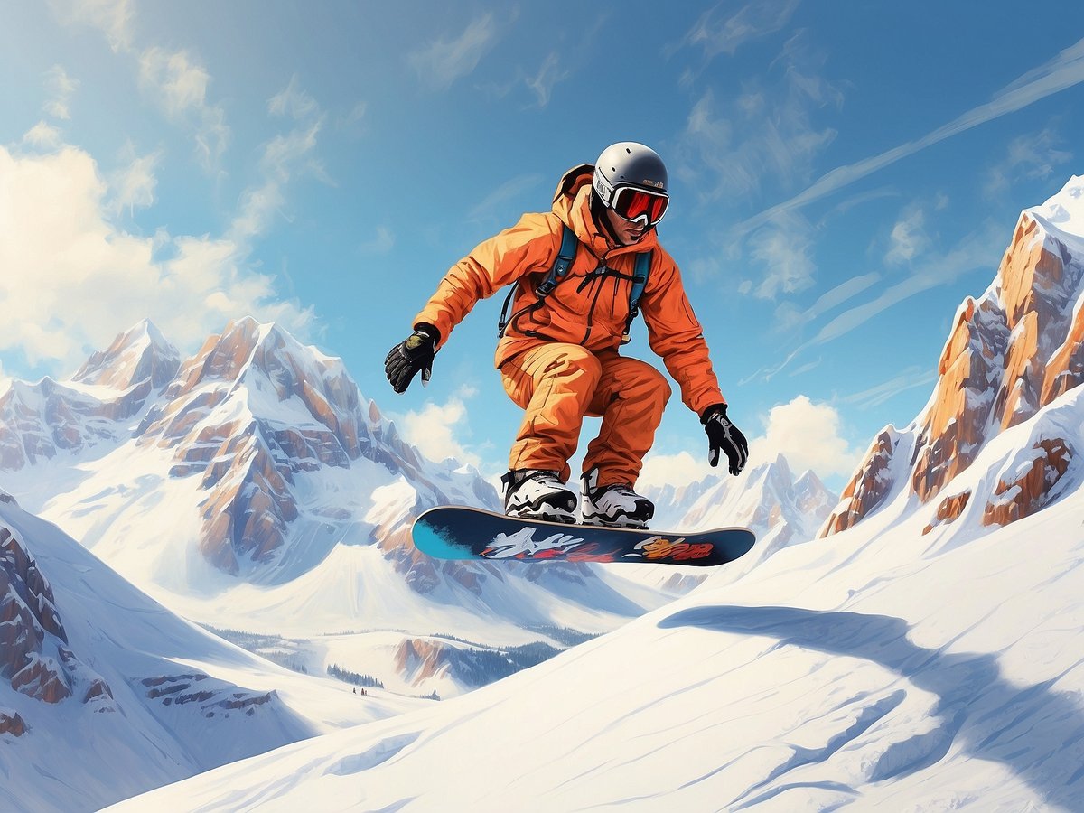 Ein Snowboardfahrer springt über einen schneebedeckten Hang in den Bergen und zeigt dabei einen dynamischen Freestyle-Stil. Mit einem orangefarbenen Anzug und einem Helm ist er in der Luft, während er die beeindruckende Winterlandschaft hinter sich hat. Die Szene vermittelt das Gefühl von Freiheit und Abenteuer, typisch für den Snowboard-Sport, der in den 1960er Jahren entstand und sich in den 1980er und 1990er Jahren rasant verbreitete.