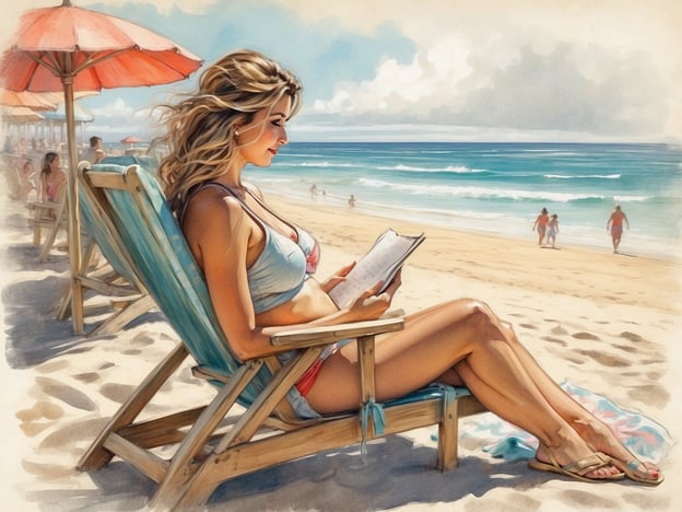 Auf dem Bild ist eine Frau zu sehen, die entspannt am Strand sitzt und ein Buch liest. Sie befindet sich auf einem Liegestuhl unter einem Sonnenschirm. Im Hintergrund sind andere Strandbesucher zu erkennen, die das Meer und den Sandstrand genießen. Dieses Szenario vermittelt ein Gefühl von Entspannung und Urlaub, ähnlich wie im Strandpark Zeeland, der für seine schönen Strände, Aktivitäten und Freizeitmöglichkeiten bekannt ist.