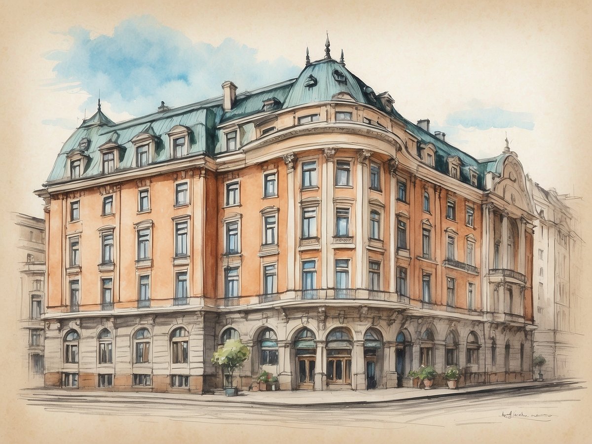 Das Bild zeigt das NH Hotels Collection Helsinki Grand Hansa in Finnland. Das historische Gebäude ist im Stil einer eleganten Stadtarchitektur gehalten und hat eine auffällige orangefarbene Fassade mit großen Fenstern. Das Dach ist grün und wirkt wie ein Mansarddach mit dekorativen Elementen. Vor dem Gebäude sind große Pflanzenkübel aufgestellt, die dem Eingangsbereich einladende Atmosphäre verleihen. Der Himmel im Hintergrund ist blau mit sanften weißen Wolken, was dem Gesamtbild eine freundliche Ausstrahlung verleiht.