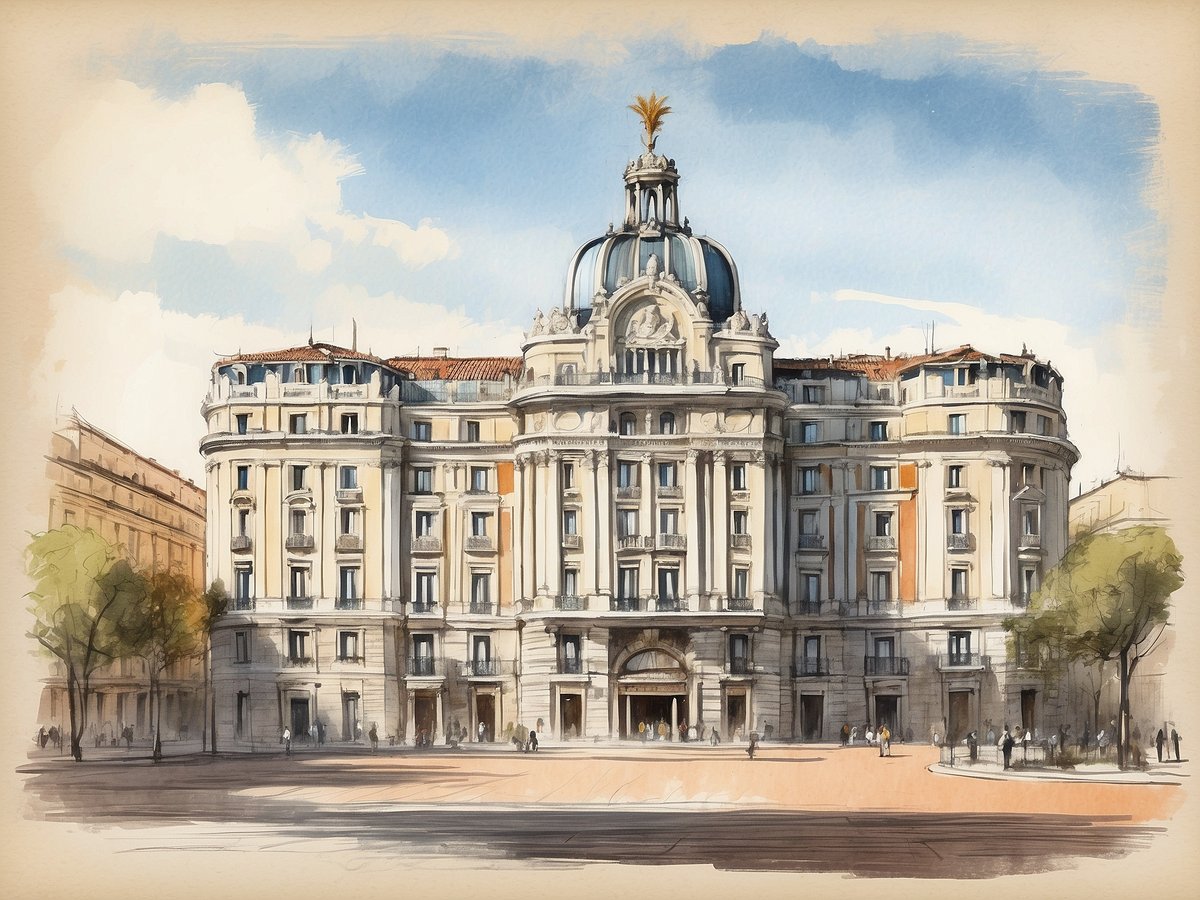 Das Bild zeigt die elegante Fassade des NH Hotels Collection Madrid Colon in Spanien. Der prachtvolle Bau besticht durch seine markante Architektur mit einem geschwungenen Dach und einer goldenen Verzierung an der Spitze. Umgeben von Bäumen und einem belebten Platz sind Spaziergänger zu sehen, die die Umgebung genießen. Die sanften Farben und die zeichnerische Darstellung verleihen dem Bild eine künstlerische Note.