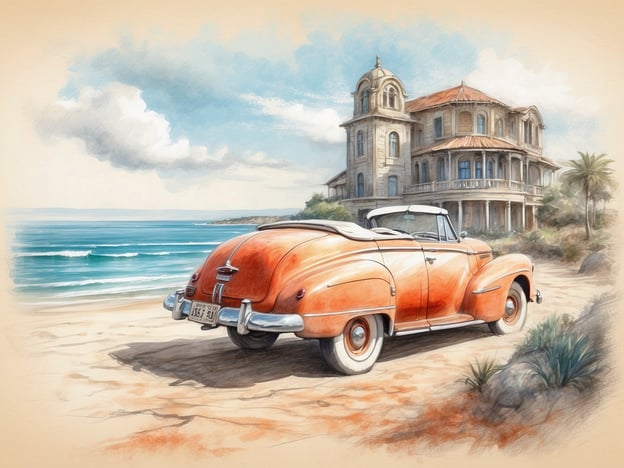 Auf dem Bild ist ein orangefarbenes Cabriolet zu sehen, das am Strand parkt, mit dem Meer im Hintergrund. Hinter dem Auto befindet sich ein beeindruckendes, historisches Gebäude, das eine Villa oder ein Herrenhaus darstellen könnte. Diese Szenerie erinnert an Küstenstädte mit typischen Stränden und altmodischen Architektur, möglicherweise in Regionen wie Kalifornien, Florida oder der Mittelmeerküste, wo man oft solche charmanten Villen und nostalgische Autos findet. Sehenswürdigkeiten in solchen Gegenden könnten etwa Leuchttürme, Strandpromenaden oder historische Plätze sein.