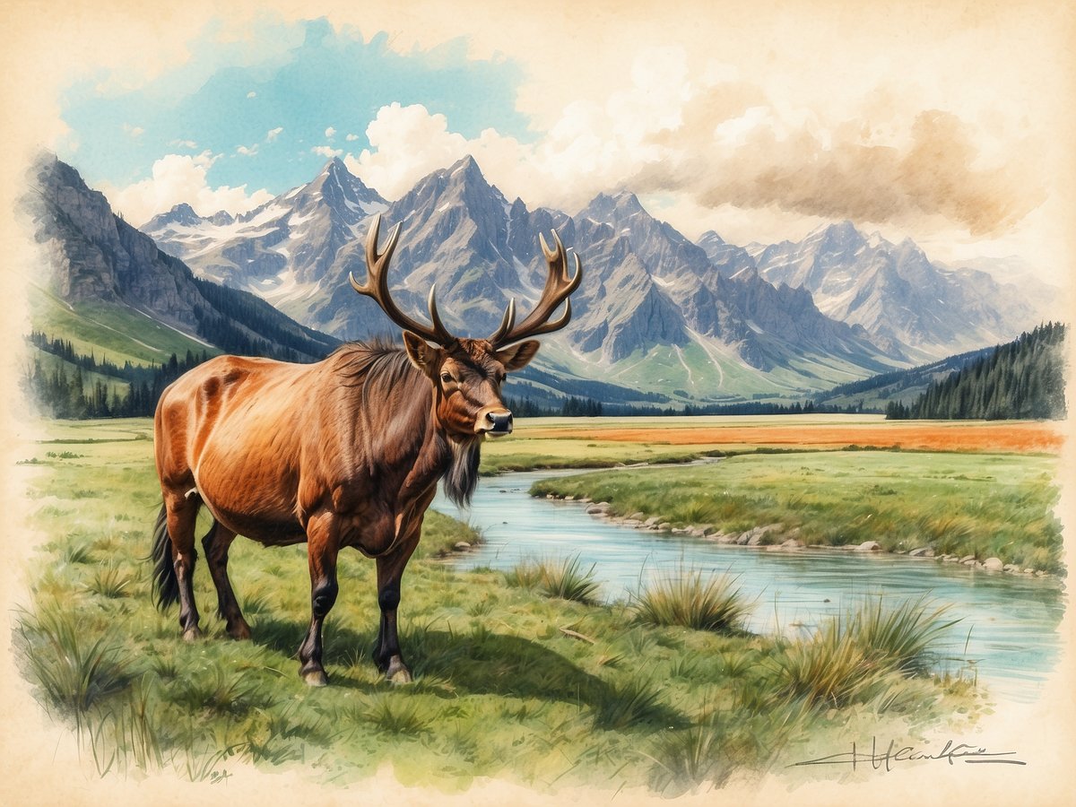 Ein majestätischer Hirsch steht an einem klaren Gewässer, umgeben von grünen Wiesen und Bergen. Im Hintergrund erheben sich imposante Gebirgszüge unter einem strahlend blauen Himmel mit vereinzelten Wolken. Die Szenerie strahlt Ruhe und Harmonie mit der Natur aus, was das Bild zu einem idealen Motiv für einen Besuch in den besten Langlaufloipen in Bayern macht.
