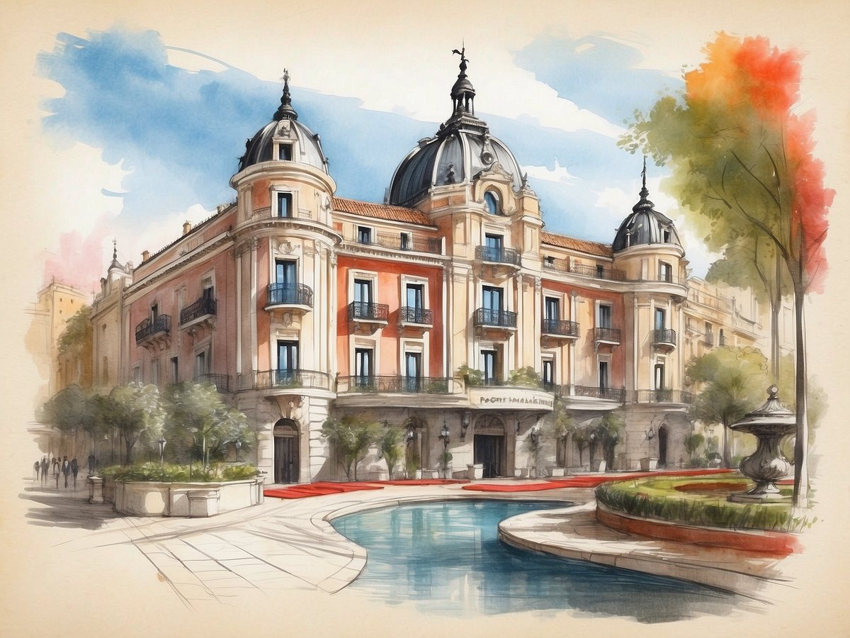 Das Bild zeigt die Fassade des NH Hotels Collection Madrid Eurobuilding in Spanien. Das Gebäude ist im neoklassizistischen Stil gestaltet und hat ein charakteristisches Dach mit Kuppeln. Vor dem Hotel verläuft ein eleganter Weg, umgeben von Pflanzen und Bäumen, der zu einem kleinen Teich führt. Die Architektur ist geprägt von warmen Farben und verzierenden Balkonen. Im Hintergrund sind kleinere Menschen und Stadtstrukturen zu erkennen, die eine lebhafte Atmosphäre vermitteln.