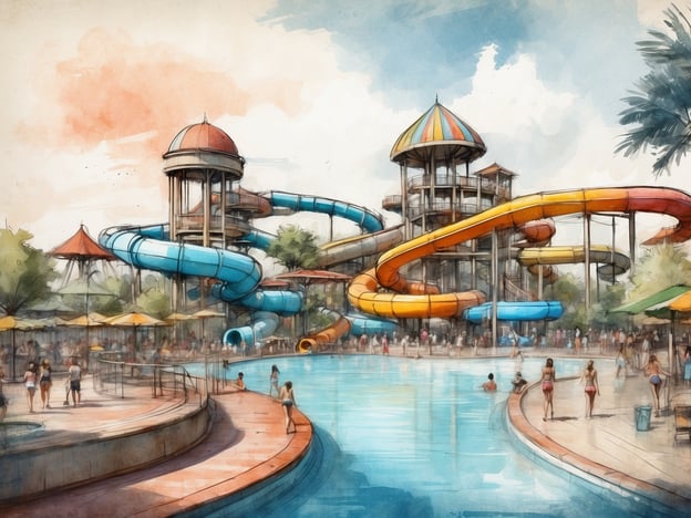 Auf dem Bild ist eine künstlerische Skizze eines Wasserparks zu sehen, wahrscheinlich inspiriert vom Waterpark Belterwiede. Der Park verfügt über mehrere große Wasserrutschen in verschiedenen Farben, die sich um einen zentralen Turm winden. Rund um die weitläufige Poollandschaft sind zahlreiche Besucher zu sehen, die das Wasser und die Attraktionen genießen. Es gibt auch Sonnenschirme und Liegen, die den Gästen einen entspannenden Aufenthaltsort bieten. 

Der Waterpark Belterwiede ist bekannt für seine familienfreundlichen Attraktionen, darunter aufregende Rutschen, Pools für Kinder und Erwachsene sowie weitere Freizeitmöglichkeiten. Der Park bietet eine ideale Umgebung für einen unterhaltsamen Tag im Wasser und wird oft für seine abwechslungsreichen Attraktionen geschätzt.