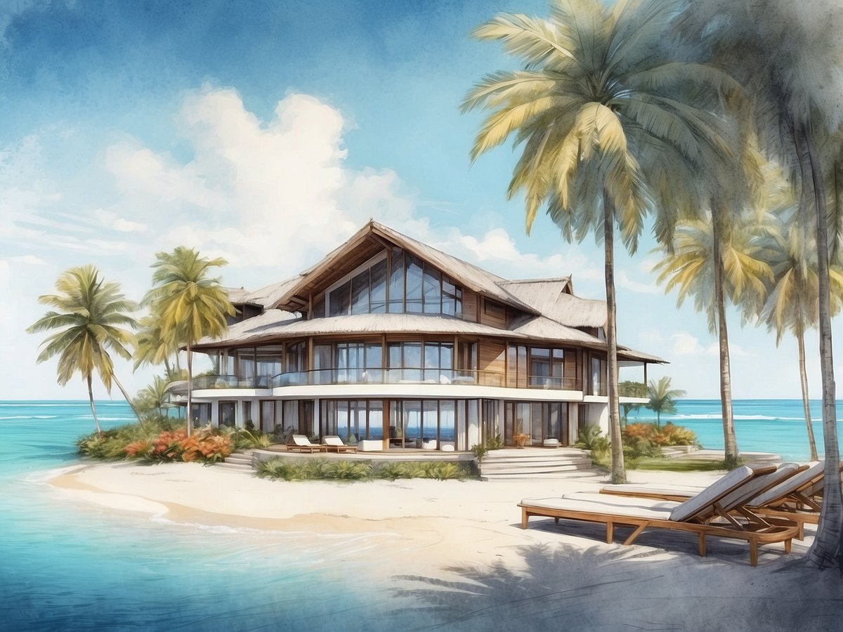 Ein stilvolles Resorthaus des NH Hotels Collection Maldives Havodda Resort umgeben von Palmen und weißem Sandstrand. Die Architektur präsentiert große Fenster, die einen Blick auf das türkisfarbene Wasser bieten. Vor dem Haus stehen bequeme Liegen, die einladend zum Entspannen sind. Im Hintergrund ist der hellblaue Himmel mit sanften Wolken zu sehen, der eine tropische Urlaubsatmosphäre schafft.