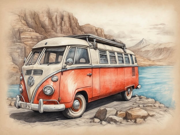 Auf dem Bild ist ein klassischer Volkswagen-Bus in einer orange-weißen Farbgebung zu sehen. Er steht am Ufer eines Gewässers, umgeben von beeindruckenden, felsigen Klippen und Bergen im Hintergrund. Die Szenerie vermittelt eine ruhige, naturnahe Atmosphäre, die zum Reisen und Entdecken einlädt. Der Himmel ist bewölkt, was der Landschaft eine malerische Stimmung verleiht.