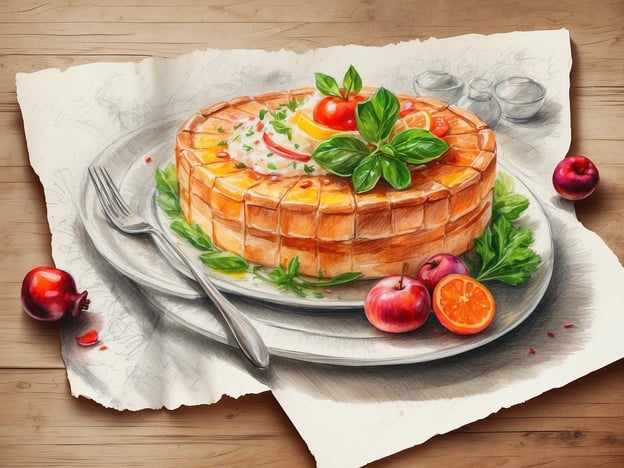 Auf dem Bild ist eine kunstvoll angerichtete Speise zu sehen, die an eine herzhafte Torte erinnert. Die Torte hat eine goldbraune Farbe und scheint mit frischen Zutaten wie Kräutern und Gemüse, möglicherweise Tomaten und Zitrusfrüchten, garniert zu sein. Um die Torte herum liegen einige saftige Äpfel und eine Orange, die dem Gericht eine lebendige Note verleihen. Das Ganze ist auf einem großen Teller angerichtet und könnte ein wirklicher Genuss für das Auge und den Gaumen sein.