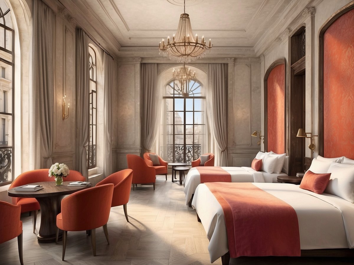Das Bild zeigt ein elegantes Hotelzimmer im NH Hotels Collection Mexico City Centro Historico. Der Raum ist hell und freundlich gestaltet, mit zwei komfortablen Betten, die mit weißen Bettwäsche und orangefarbenen Überwürfen ausgestattet sind. Große Fenster lassen viel Tageslicht herein und bieten einen Ausblick auf die Stadt. Rund um einen runden Tisch stehen orangefarbene Stühle, und eine Blumenvasen mit weißen Blumen schmückt den Tisch. Die Wände sind in sanften Tönen gehalten und mit stilvollen Vorhängen und Wandleuchten ausgestattet, die dem Raum eine luxuriöse Atmosphäre verleihen.