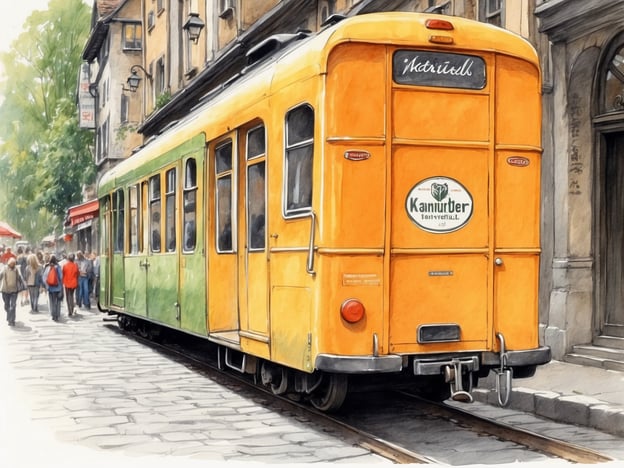 Auf dem Bild sieht man eine alte Straßenbahn, die an einer belebten Straße haltmacht. Es gibt viele Menschen, die auf dem Gehweg spazieren und die Atmosphäre genießen. Die Umgebung wirkt lebhaft und einladend, möglicherweise findet hier ein Markt oder ein Fest statt. Die Straßenbahn könnte Teil einer Stadtbesichtigung oder einer nostalgischen Fahrt sein, die Touristen und Einheimische anlockt.