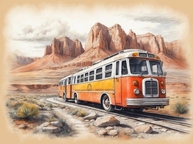 Auf dem Bild ist ein orangefarbener Bus zu sehen, der auf einer Straße oder einem Schienenweg unterwegs ist, umgeben von einer beeindruckenden, felsigen Landschaft. Im Hintergrund erheben sich majestätische Berge mit markanten Formationen, die auf eine trockene, wüstenartige Umgebung hinweisen. Die Wolken am Himmel sorgen für eine dramatische Stimmung und verleihen der Szenerie eine nostalgische Atmosphäre. Das Bild vermittelt den Eindruck einer Erkundungsreise durch eine natürliche und unberührte Umgebung.