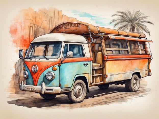 Auf dem Bild ist ein bunt gestalteter Volkswagen-Bus zu sehen, der an Abenteuer und Reisen erinnert. Der Bus könnte eine perfekte Kulisse für Outdoor-Aktivitäten sein, wie z.B. Roadtrips durch malerische Landschaften oder Campingausflüge. Die Atmosphäre lässt auf Freizeit und Spaß schließen, ideal für kreatives Entdecken, Grillabende und das Auskosten der Natur in sommerlichen Monaten. Zudem könnte er bei einem Musikfestival oder für Gruppenreisen genutzt werden, was das Bild zu einem Symbol für unvergessliche Erlebnisse und geselliges Beisammensein macht.