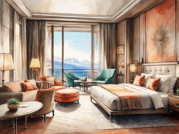 Auf dem Bild ist ein elegantes Hotelzimmer zu sehen. Die Unterkunft bietet eine große Fensterfront, die einen herrlichen Ausblick auf die Berge ermöglicht. Die Ausstattung umfasst ein komfortables Doppelbett mit dekorativen Kissen und einer warmen Decke, die eine gemütliche Atmosphäre schafft. 

Im Raum befinden sich zudem eine gemütliche Sitzecke mit einem Sofa und zwei Stühlen in sanften Farben sowie einem runden Tisch. Eine Stehlampe und Nachttische sorgen für eine angenehme Beleuchtung. Der Boden scheint aus Holz zu sein, was dem Zimmer ein warmes Ambiente verleiht. Insgesamt wirkt die Unterkunft modern und einladend.