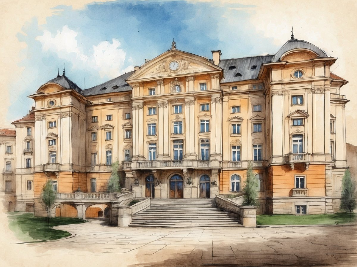 Das Bild zeigt die beeindruckende Fassade des NH Hotels Collection Olomouc Congress in der Tschechischen Republik. Das Gebäude verfügt über eine elegante Architektur mit großen Fenstern, symmetrischen Balkonen und einem kunstvollen Eingangsbereich. Die Fassade ist in warmen Farbnuancen gehalten und wird von einem klaren blauen Himmel umrahmt, während gepflegte Grünflächen und Bäume den äußeren Bereich des Hotels ergänzen. Die Architektur verbindet historische Elemente mit modernem Komfort.