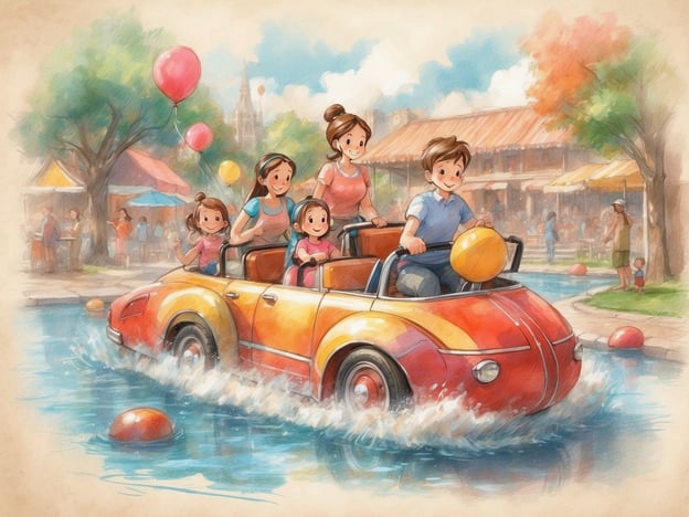 Auf dem Bild ist eine fröhliche Familie zu sehen, die in einem bunten Auto auf Wasser fährt. Sie scheinen viel Spaß zu haben, während sie von bunten Ballons umgeben sind. 

Solche Aktivitäten bieten tolle Freizeitmöglichkeiten für Groß und Klein. Beispielsweise könnten sie gemeinsam in einem Freizeitpark einen Bootsausflug machen oder an einem Wasservergnügungspark teilnehmen. Auch Picknicks oder Spiele im Freien sind schöne Möglichkeiten, um Zeit miteinander zu verbringen und Spaß zu haben.