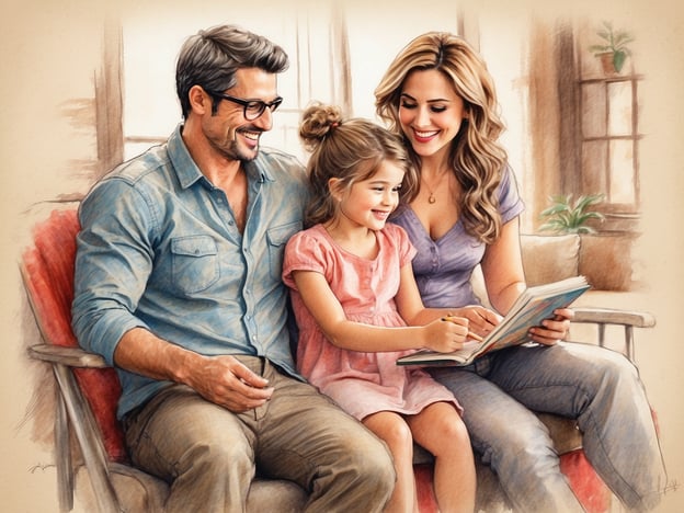 Auf dem Bild ist eine Familie zu sehen, die gemeinsam Zeit verbringt. Sie sitzen zusammen auf einem Sofa und lesen ein Buch. Der Vater und die Mutter schauen lächelnd auf die Tochter, die mit Freude in das Buch zeigt und möglicherweise etwas erklärt. Solche Aktivitäten fördern die Bindung innerhalb der Familie und unterstützen das Lernen sowie die Kreativität der Kinder. Gemeinsam lesen, Geschichten erfinden oder Bilder malen sind wunderbare Möglichkeiten, um wertvolle Zeit miteinander zu verbringen.