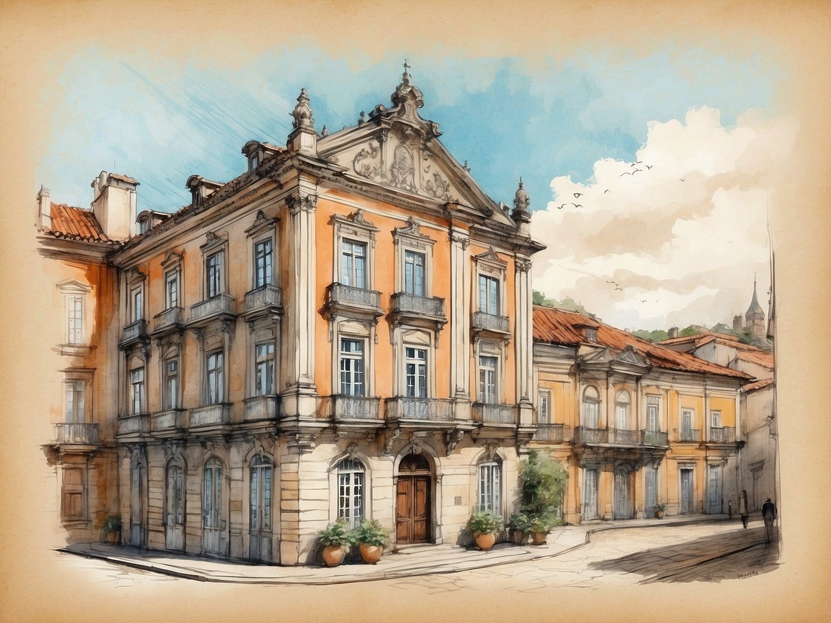 Das Bild zeigt die elegante Fassade eines historischen Gebäudes der NH Hotels Collection Porto Batalha in Portugal. Die Architektur zeichnet sich durch große Fenster mit Balkonen und aufwendigen Verzierungen aus. Vor dem Gebäude befinden sich dekorative Blumentöpfe und die Straße ist gepflastert. Im Hintergrund sind sanfte Hügel und ein blauer Himmel mit einigen Wolken zu sehen. Einige Passanten gehen entlang der Straße und verleihen der Szenerie eine lebendige Atmosphäre.