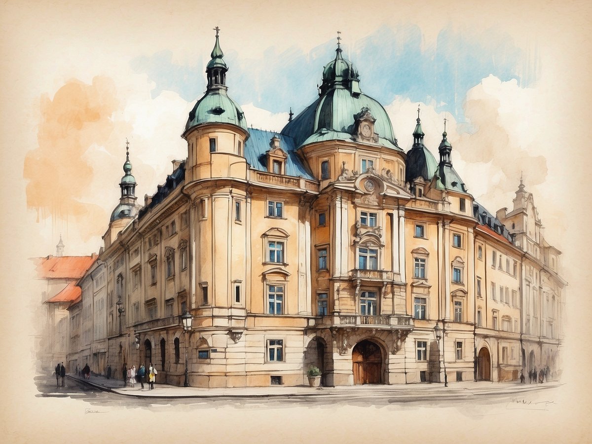 Das Bild zeigt das NH Hotels Collection in Prag, Tschechische Republik, ein elegantes Gebäude mit einer beeindruckenden Fassade. Die Architektur zeichnet sich durch geschwungene Linien, große Fenster und auffällige Dachkuppeln aus. Im Vordergrund sind mehrere Personen zu sehen, die die Straße entlanggehen. Die Szenerie ist von einem hellen Himmel und sanften Farbtönen umgeben, die eine einladende Atmosphäre schaffen.